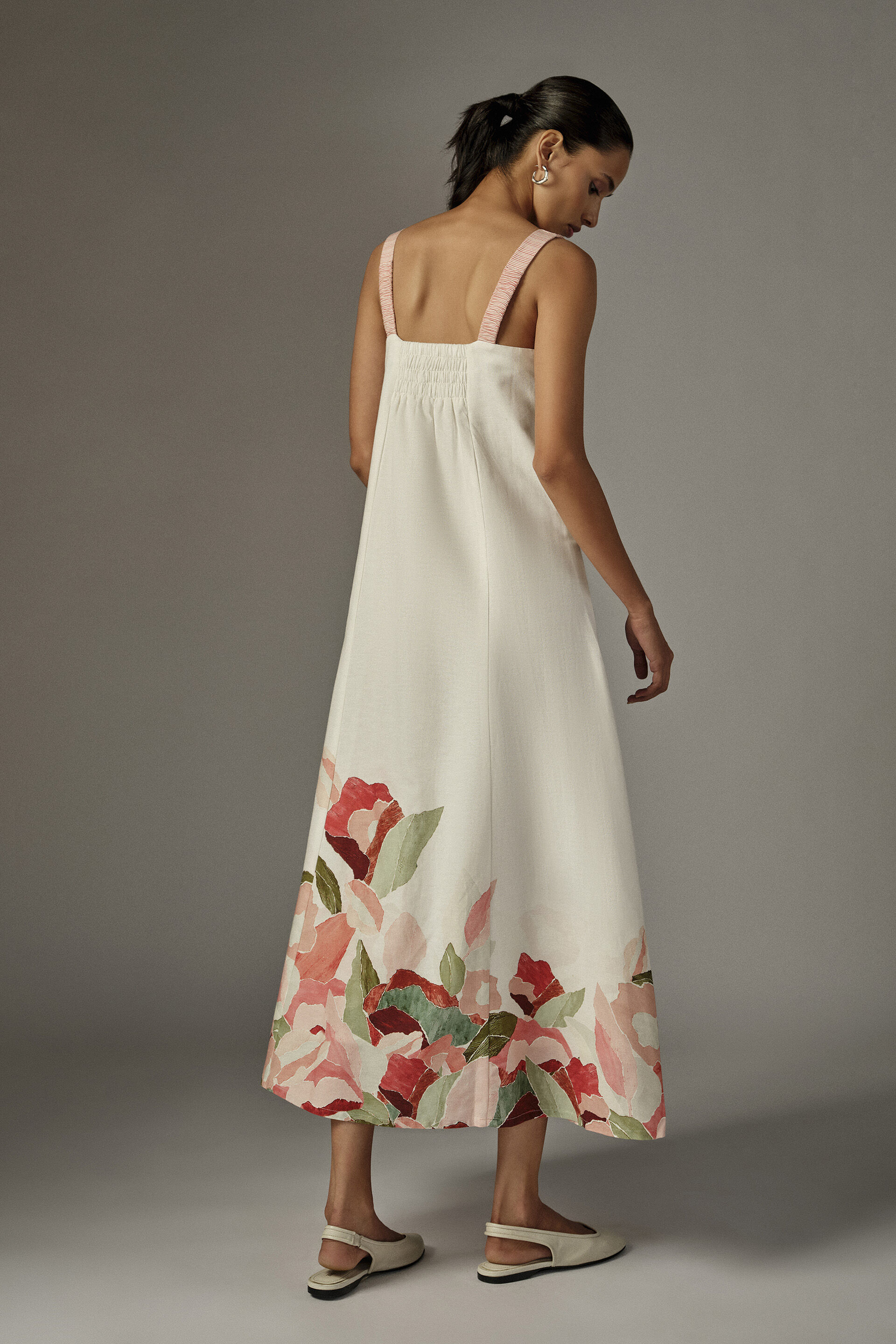 A-line Floral Midi Dress in White, White, image 6